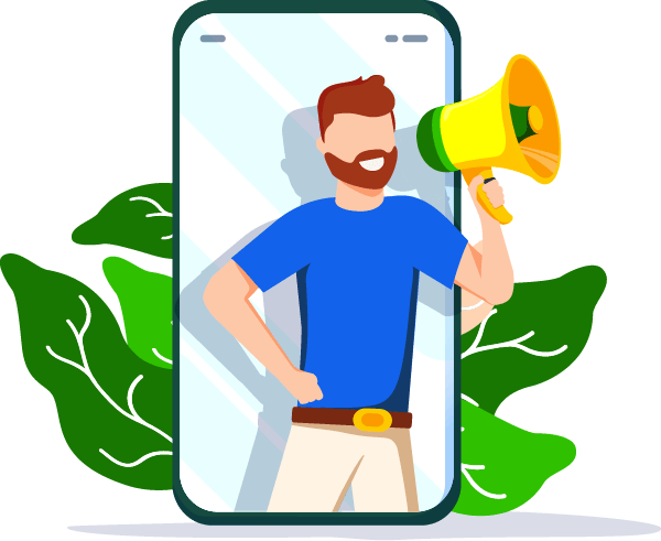 illustration of a man holding a megaphone standing inside a smartphone display